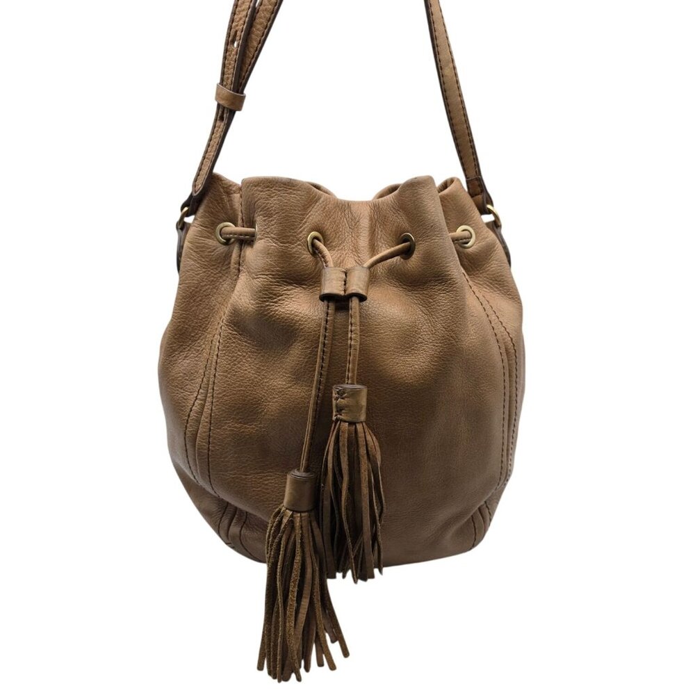 J. Crew Tan Slouchy Leather Bucket Bag Tassel Drawstring Boho*Read